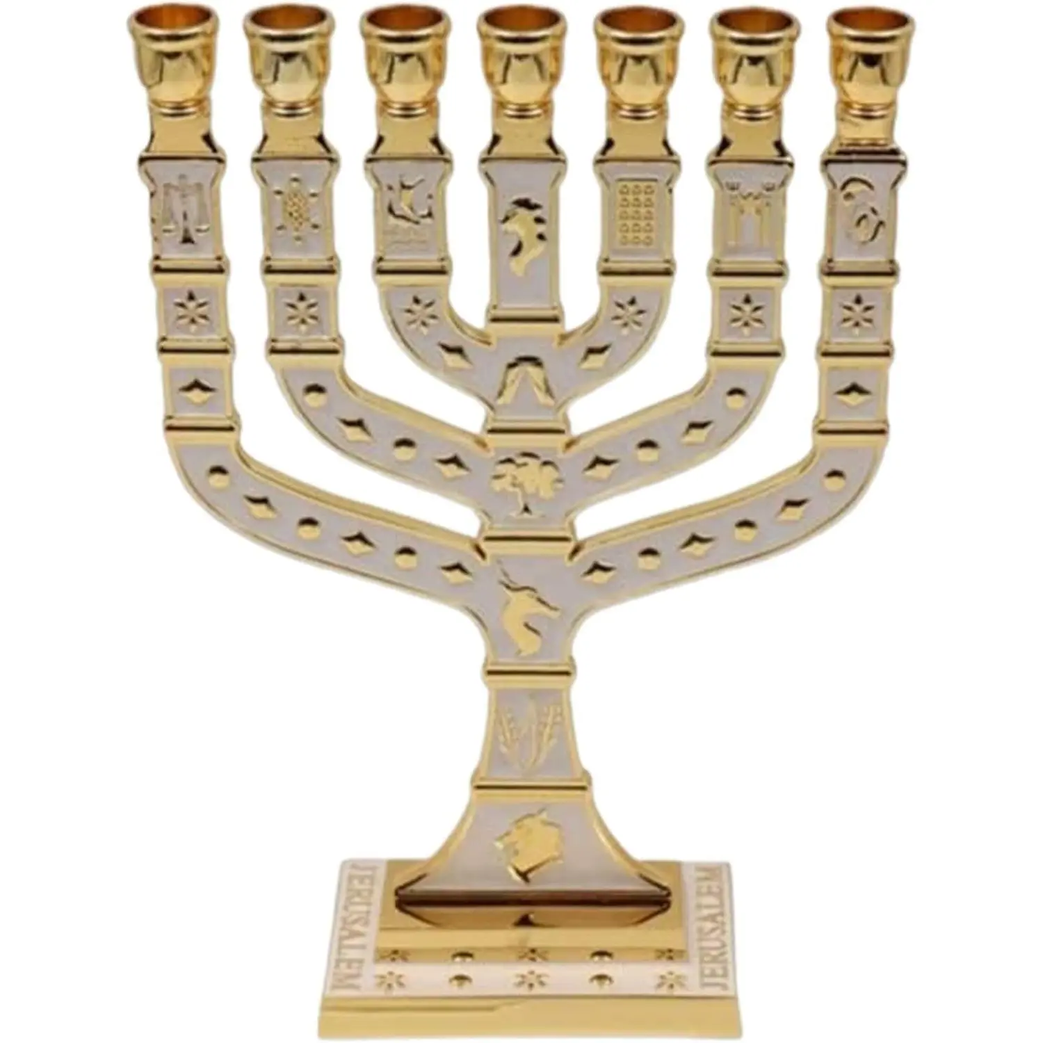 Traditional Jerusalem Menorah 7 Branch, Enamel Finish, with 12 Tribes of Israel, Jewish Candle Holders (10.8 inch)