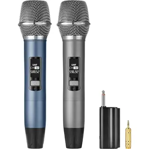 Rechargeable UHF  Microphones, Two Metal Handheld Microphones with 1/4" Receiver, Plug-and-Play for Speaker & PA System, Karaoke Singsing, Lecture, Stage Performance (Blue&Grey)