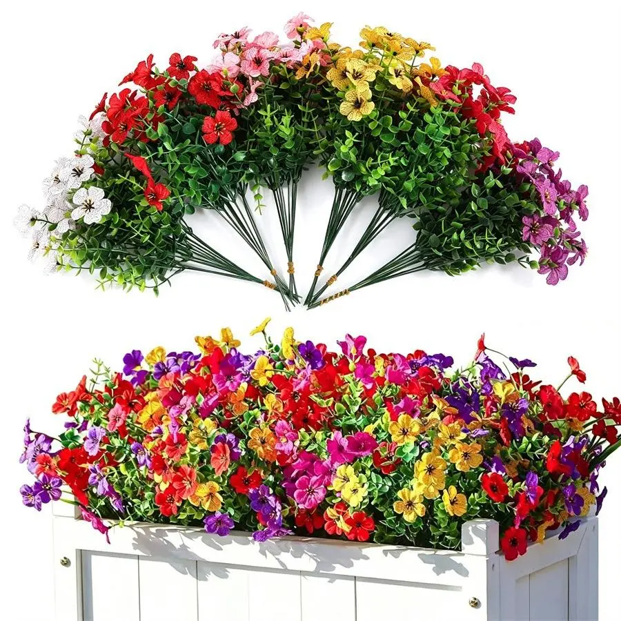 UV-Protection Multicolor Faux Flower Plants Bouquet Set (6-Color, 12/24 Pcs) - Home Decor, Wedding/Study/Garage Accent, Outdoor Garden Summer Vibe Arrangement