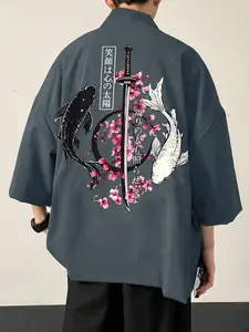 Japanese Streetwear Kimono Cardigan, Oversized Haori Shirt with Koi Fish, Sakura Cherry Blossom & Katana Print, Lightweight Breathable Open Front Jacket for Men, Summer Casual, Beach Cover Up, Festival Goth Aesthetic Outfit