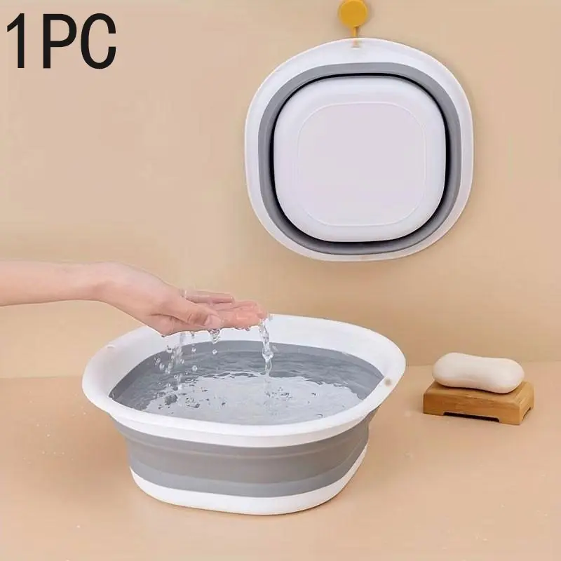 A portable and foldable basin, suitable for use in kitchens, bathrooms and outdoors. A foldable multi-functional plastic basin for good storage. Multifunctional Collapsible Basin