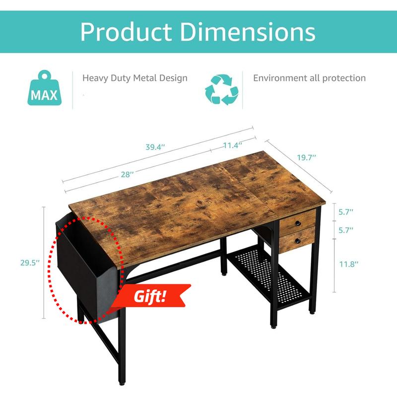 Lufeiya Computer Desk with Drawers - 40 Inch Work Reversible Small Desk for Bedroom Home Office, Simple Study Writing Table PC Desks with Drawer Storage Shelves, Rustic Brown, Get Free Gift Lufeiya Computer Desk with Drawers - 40 Inch Work Reversible Small Desk for Bedroom Home Office, Simple Study Writing Table PC Desks with Drawer Storage Shelves, Rustic Brown, Get Free Gift