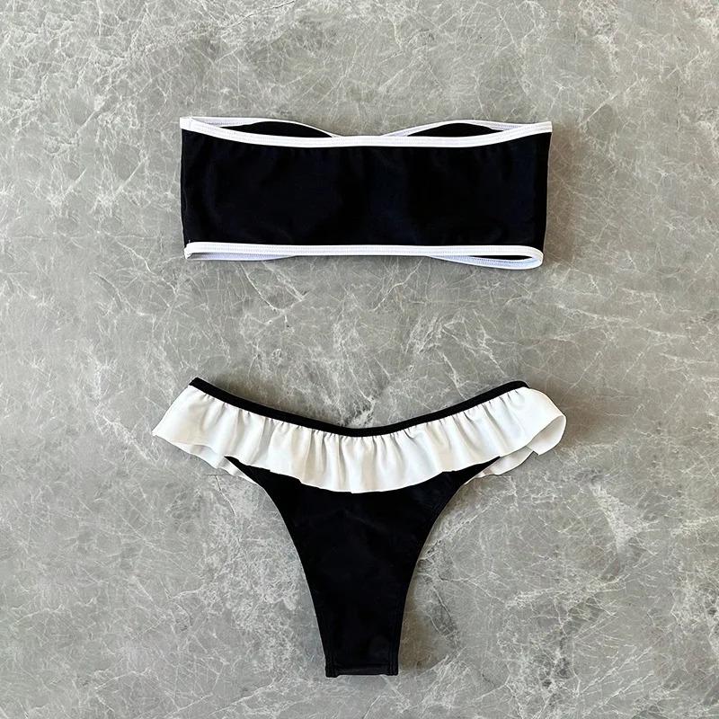 Women's Strapless Swimsuit 2-piece Suit Solid Color Patchwork Push Up Ruffle Thong Beach Hot Spring Bikini Set New Swimwear bandeau  bathing  top