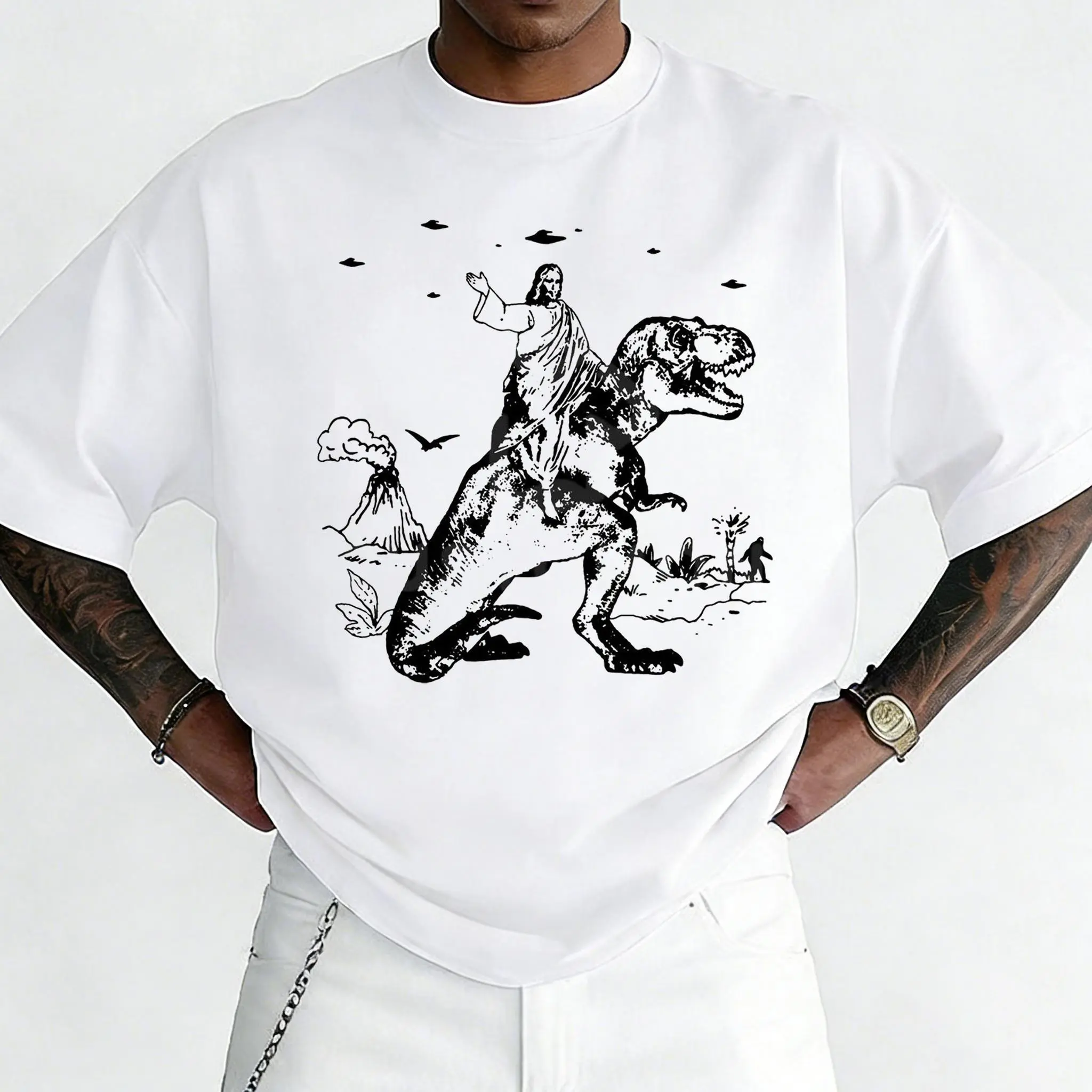 Men's Jesus Riding Dinosaur T-Rex Sarcastic T-Shirt, Casual Round Neck Menswear Top, Streetwear Crewneck