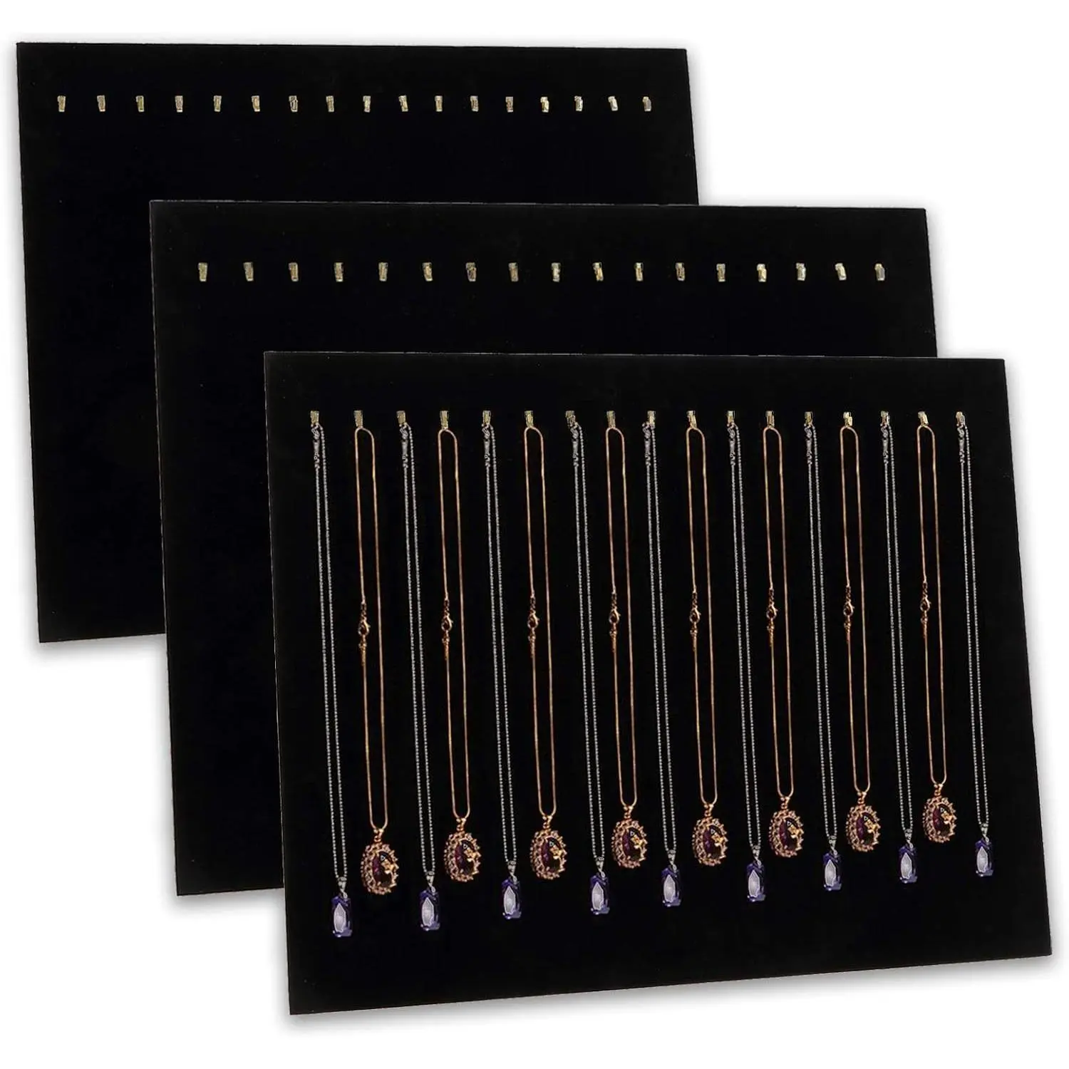 3 Pack Black Velvet Jewelry Display with 17 Hooks Necklace Tray Organizer Pad Bracelets Pendants Chains Showcase Stands