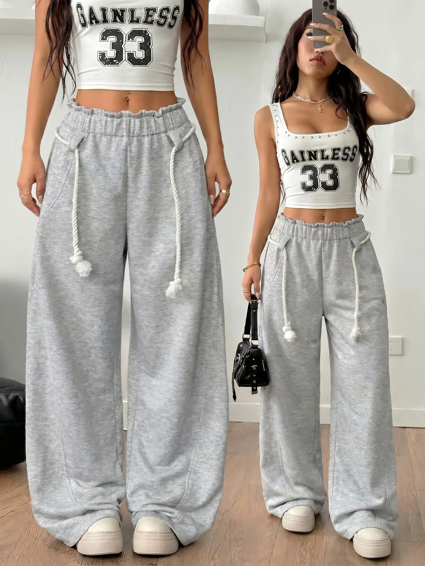 Heather Grey Loose Wide Leg Baggy Sweatpants, Trouser, Ruffled Elastic Waist + Adjustable Thick Rope Drawstring, Curved Seam + Side Pockets, High Waist Drape Straight Fit, Soft Skin-Friendly Fabric, American Street Lazy Style, Daily/Commute Wear