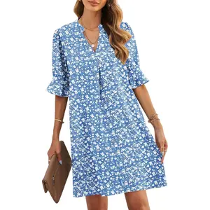 Ruffled Short Sleeve Dress Casual Shift Dress Summer Dresses for Women