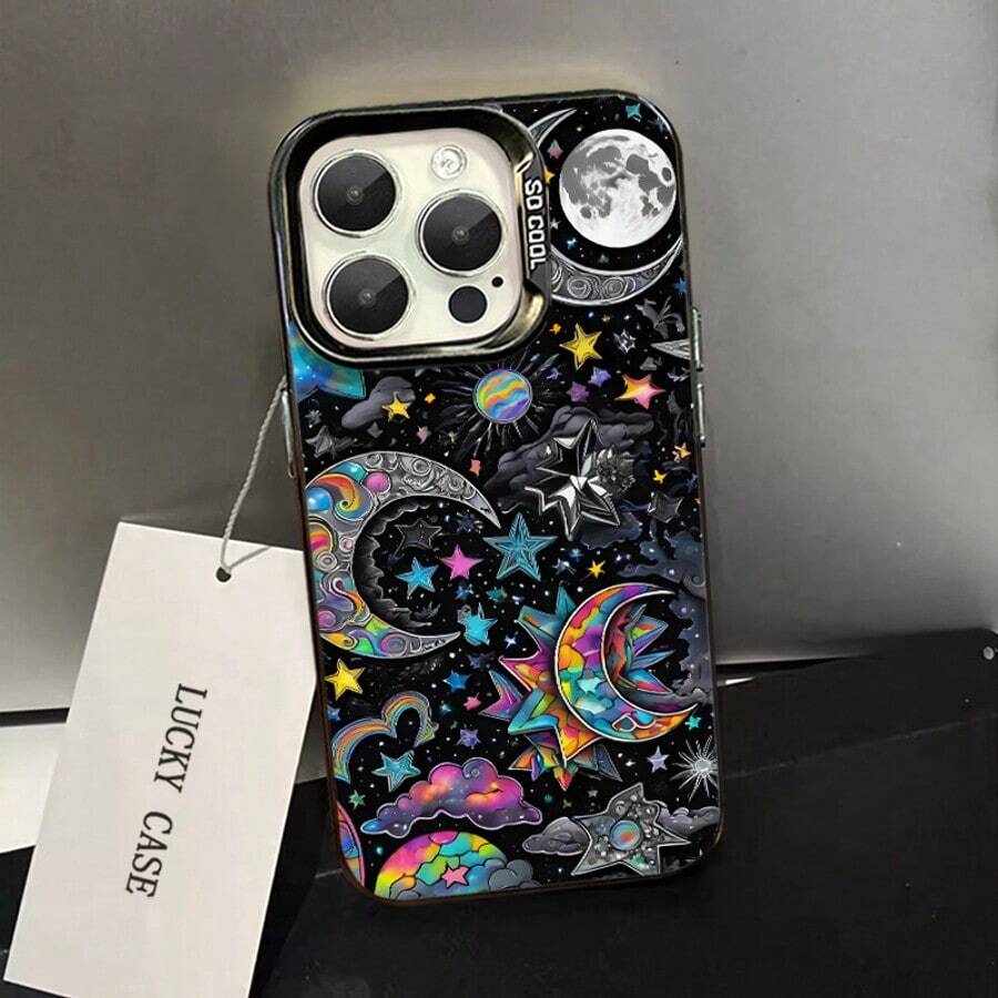 Rainbow Celestial Star Moon Galaxy Phone Case for iPhone 16 15 14 13 12 11 XS Max X XR 8 7 Plus, Purple Frame Witchy Aesthetic Shockproof Anti-Drop Protective Cover, Dreamy Psychedelic Starry Sky Trendy Phone Accessory, Ideal Birthday Holiday Gift, Smartp