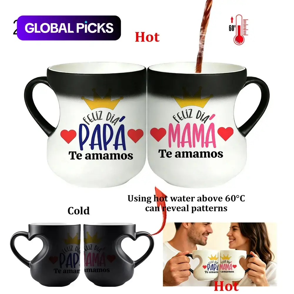 Heat Sensitive Color Changing Ceramic Mug with Heart Shaped Handle, 11oz Coffee Cup, Ceramic Printed Drinkware, Drinkware, Ideal Gift for Parents, Couples & Friends #GLOBAL PICKS