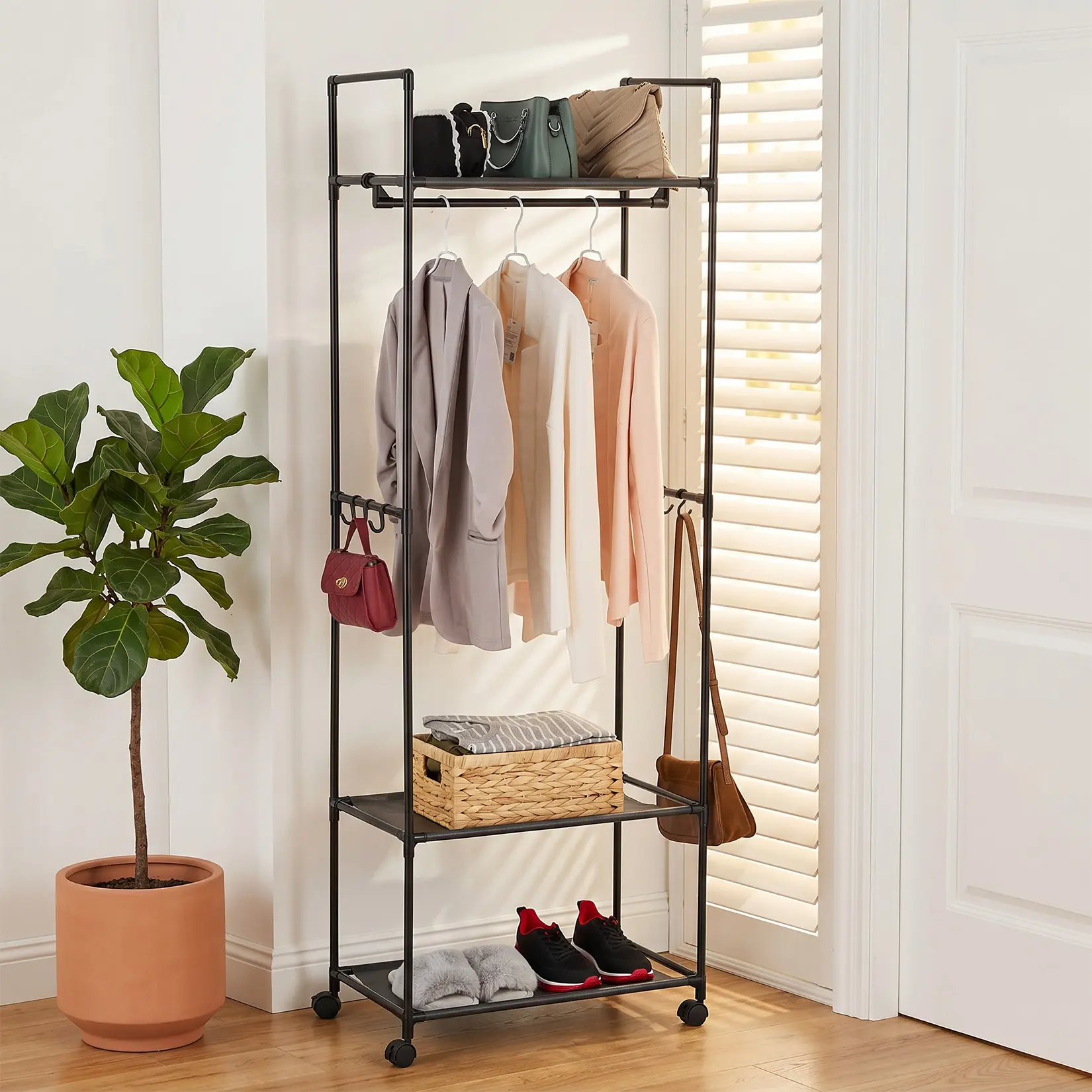 3-in-1 Heavy Duty Rolling Wardrobe Organizer – Carbon Steel Portable Closet with Wheels, Top Bag Shelf, Hanging Rod, 2-Tier Shelves – Multi-Functional Storage for Bedroom, Entryway, or Coat Closet