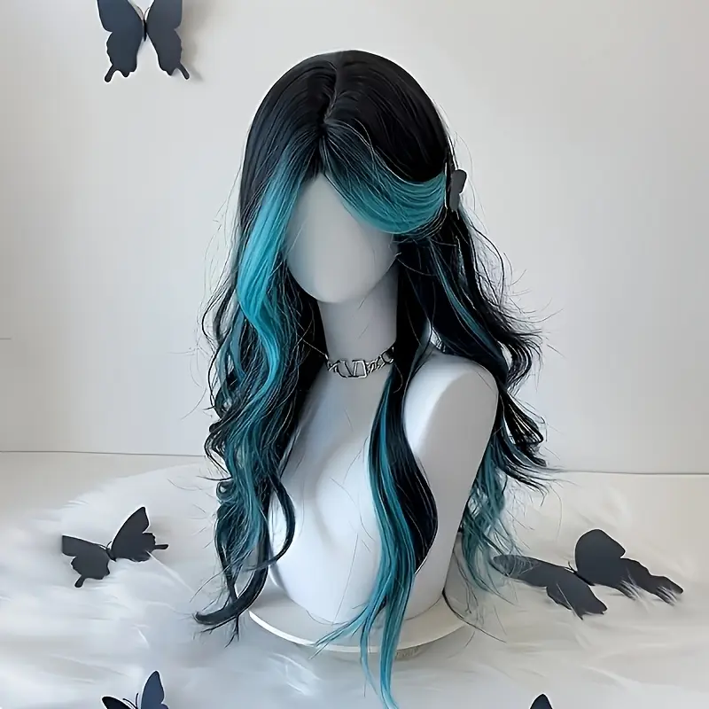 A Versatile Everyday Wig Suitable for Everyone - Black with Blue Highlights, Mid-Part, And Long Wavy Hair. Stylish, Elegant, And Perfect for Parties, Gatherings, And Halloween Occasions