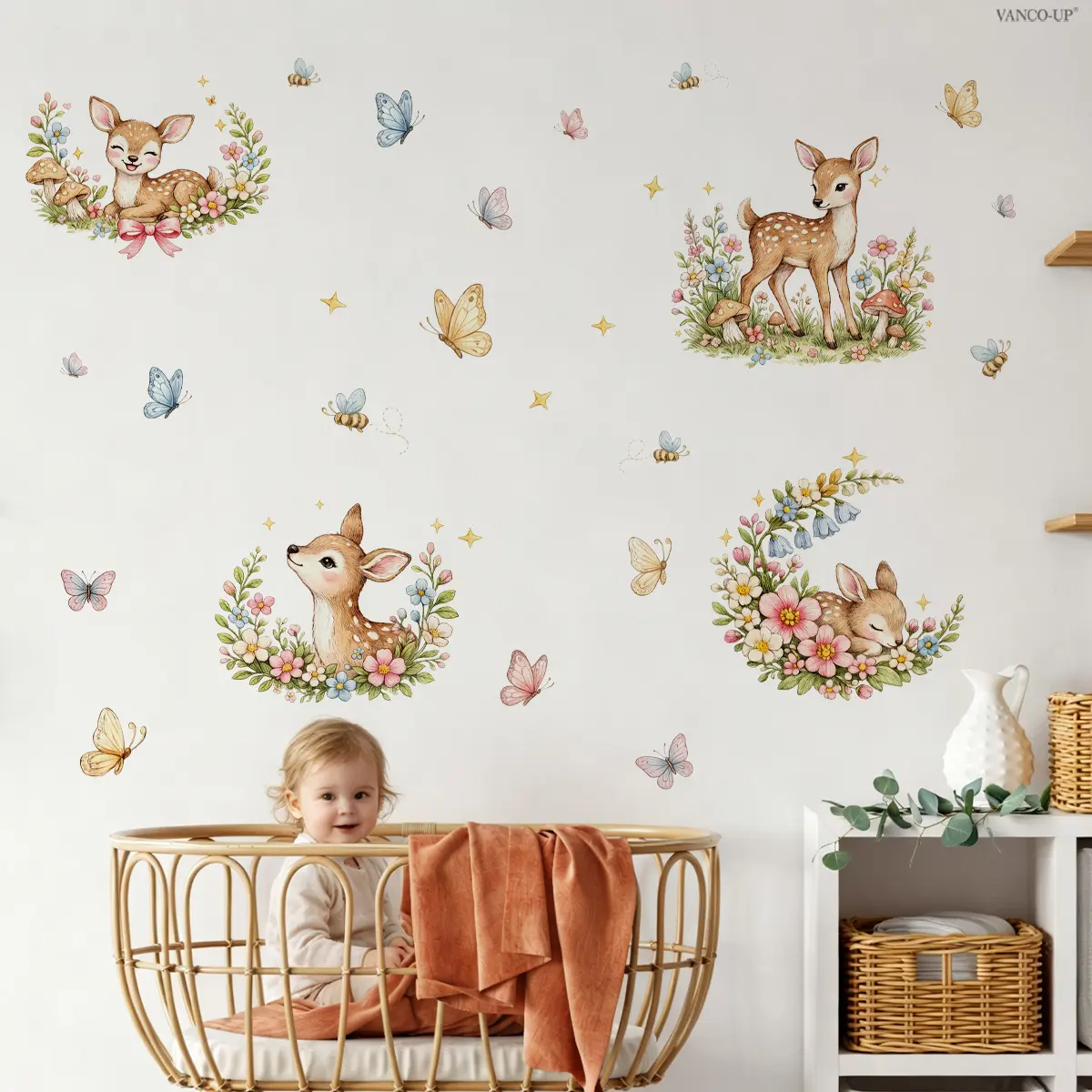 2Pcs Set (3060cm2pcs) Watercolor Fawn Wall Stickers with Floral Wreaths and Butterflies, Self-adhesive Decals for Kids Room and Bedroom, Decorative Sticker