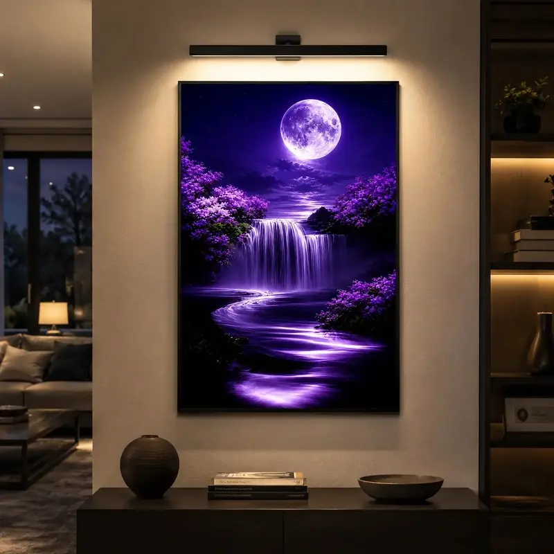2D Purple Moon Canvas Art, 1-Piece Waterfall and Purple Flowers Design,  Home Wall Decor for Bedroom, Living Room or Hallway, Modern Aesthetic Poster, Fantasy Landscape Wall Art, Dreamy Room Decor, Nature Lover Gift,