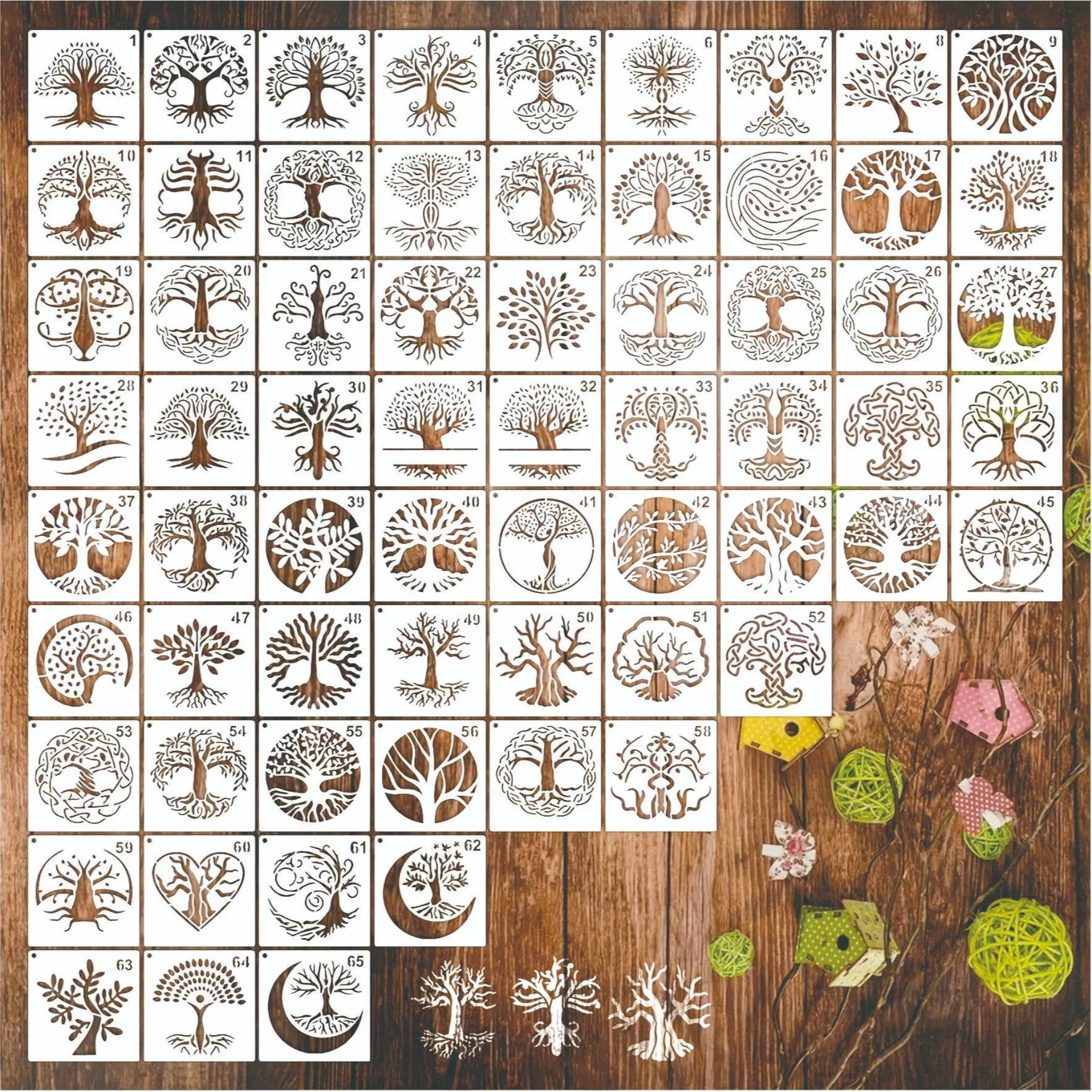 65 Reusable Small Tree Templates, 3 Inch Craft Stencils for Home Decor, Wall Art, Rock Tags, Wood Signs, Cup Mats, Canvas Decoration, Art Craft Supplies
