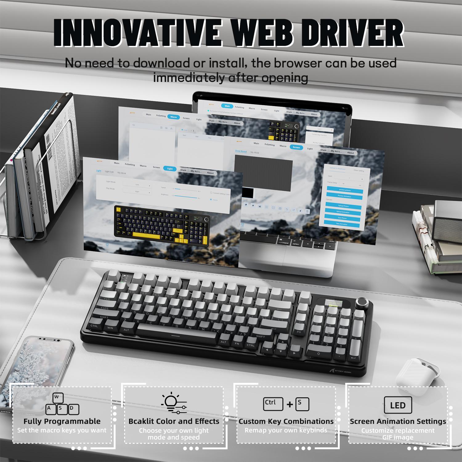 Wireless Mechanical X98PRO Gaming Keyboard, Rechargeable Keyboard with TFT Screen, Hot-swappable RGB Backlit Keyboard for Game & Office