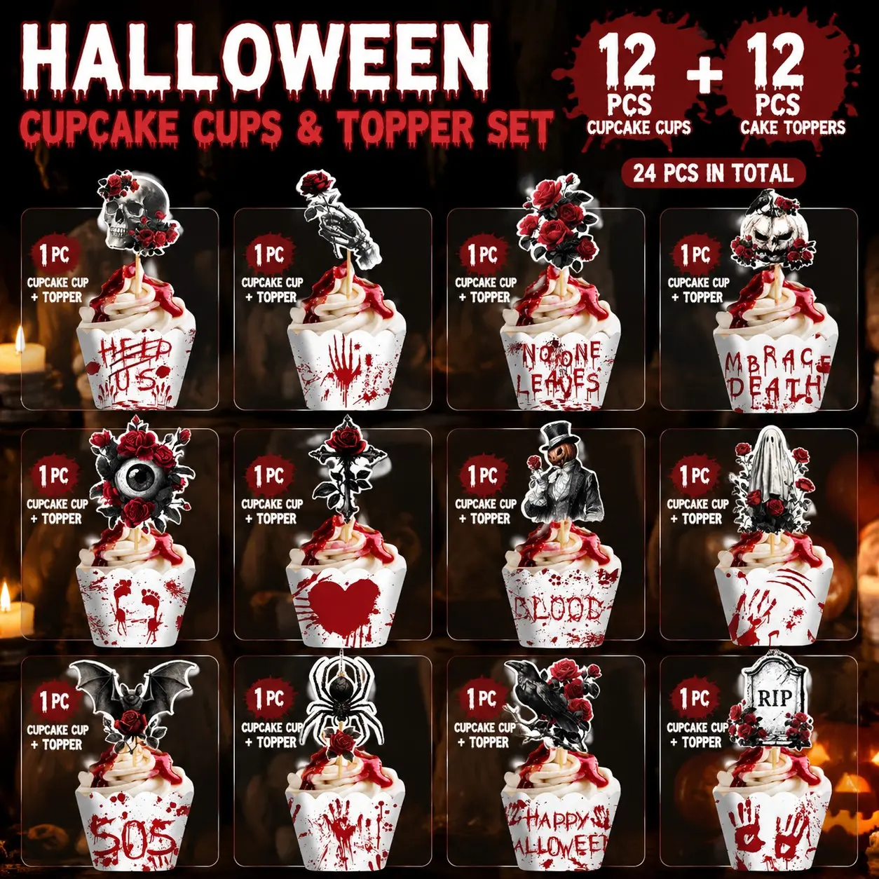 24pcs Halloween Horror Blood Handprint Paper Cake Decor Set, 12pcs Cup Flags, 12pcs Cake Flags, Party Supplies, Sweet Treats Decoration