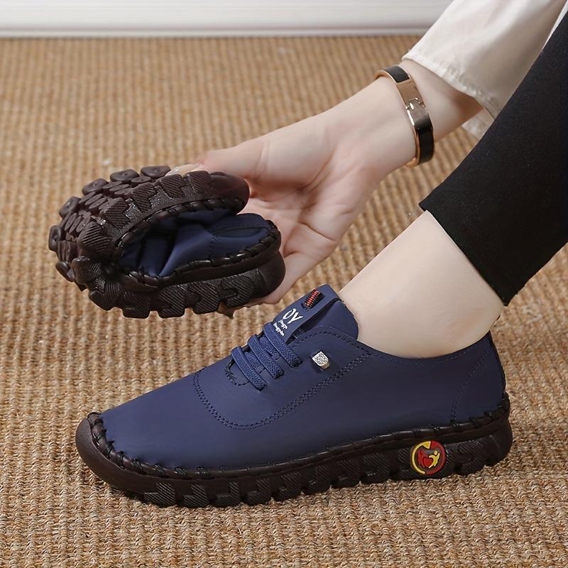 Womens Fashionable Handmade Flat Sneakers - Solid Color, Round Toe Faux Leather - Comfortable Casual Walking Shoes Everyday Style Footwear Training Girl Closed Athletic Trainer Runner Running Rubber Black