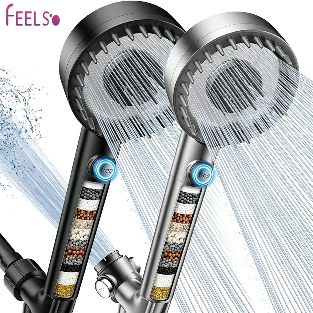 FEELSO 5 Inch Panel High Pressure Filtered Handheld Shower Head, 4 Spray Modes, 60" Hose, Hard Water Softener Beads, ON/OFF Switch for Pets