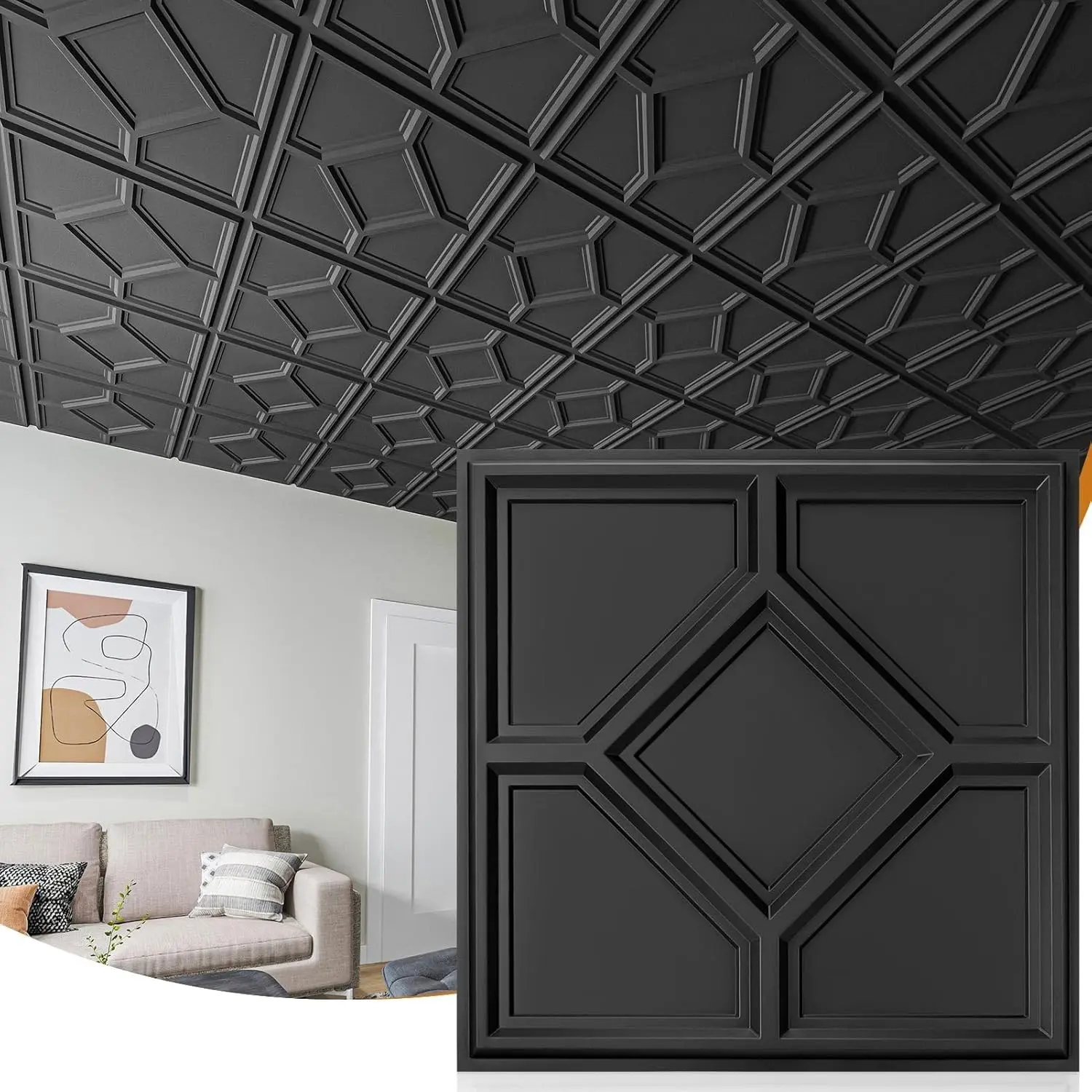 12-Pack 24"x24" Drop Ceiling Tiles, 3D Decorative Glue Up Ceiling Tiles, Black