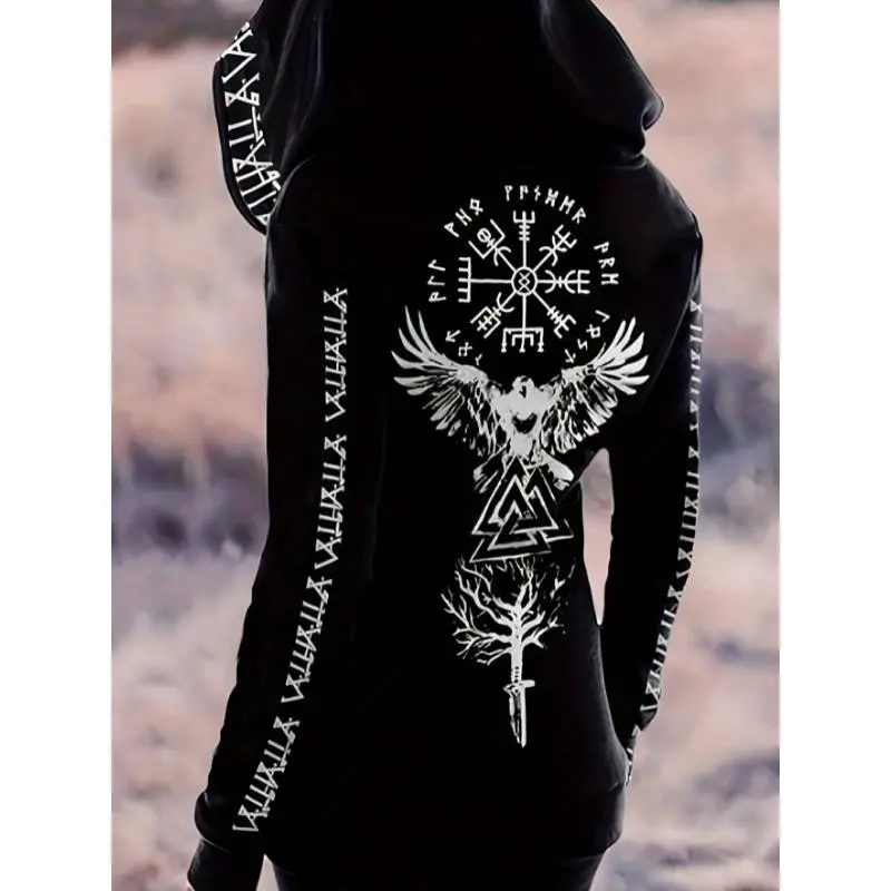 Viking Pattern Vintage Gothic Style Hoodie, Casual Zipper Long Sleeve Drawstring Hoodies Sweatshirt, Women's Clothing Tops Fit