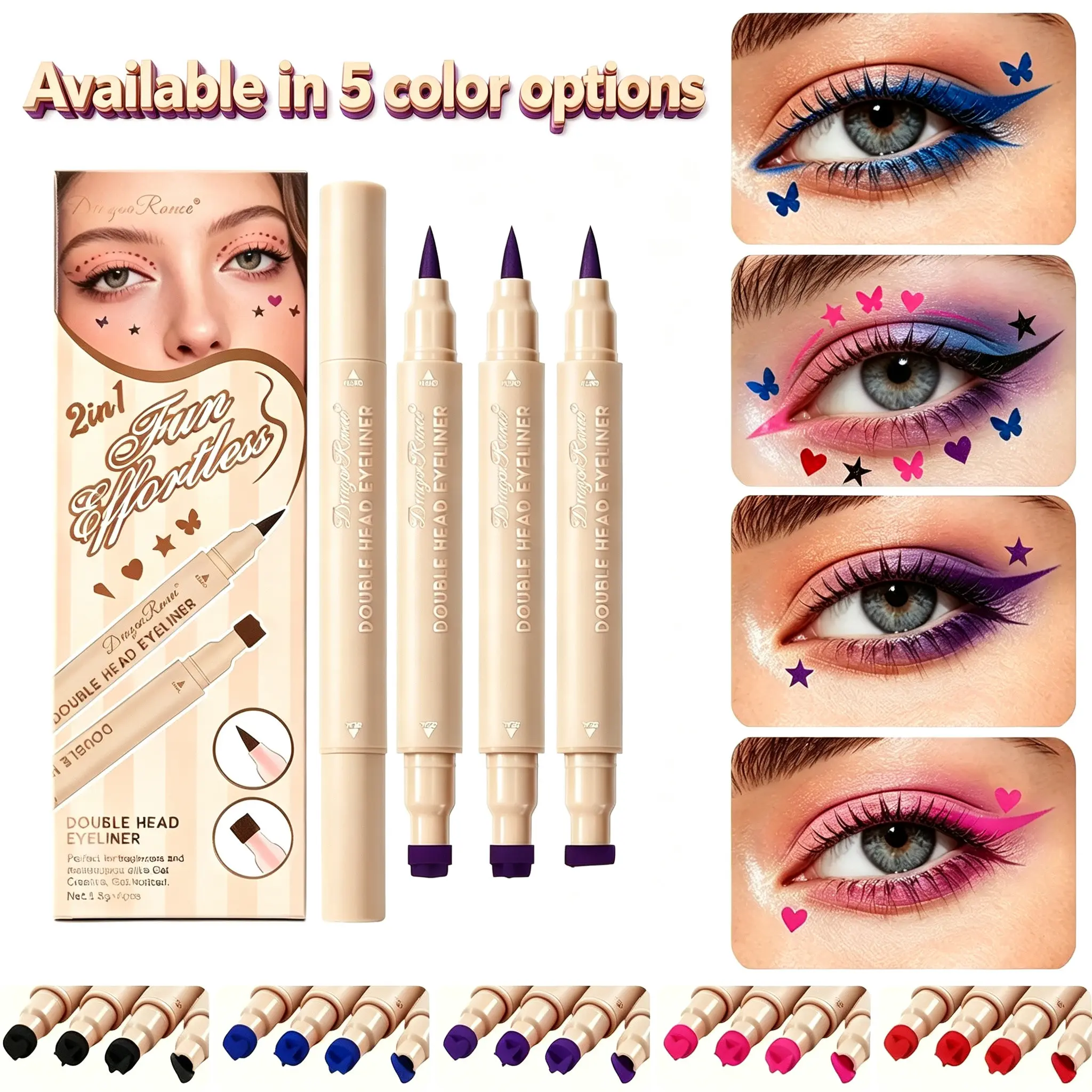 2 in 1 Double Head Stamp Eyeliner, Precision Fine Tip Liner & 4 Style Pattern Stamper, Multiple Color Options Liquid Eye Liner, Easy Use for Daily Costume Festival Eye Decoration Makeup