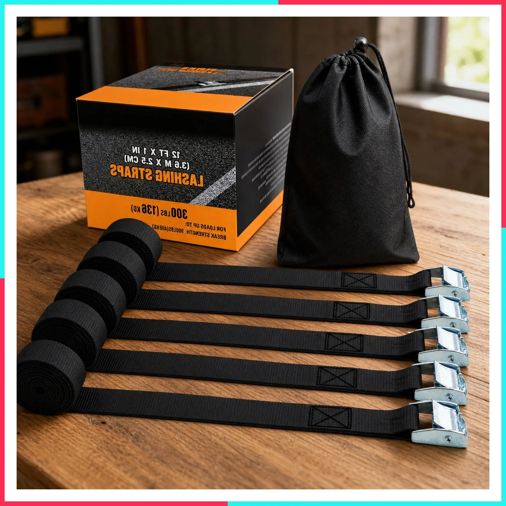 6-Pack 1" x 12FT Cam Buckle Tie Down Straps - 900 lbs Capacity Heavy Duty Lashing Straps for Cargo, Kayak, Canoe, Motorcycle, Bike, Truck & Luggage (Black)
