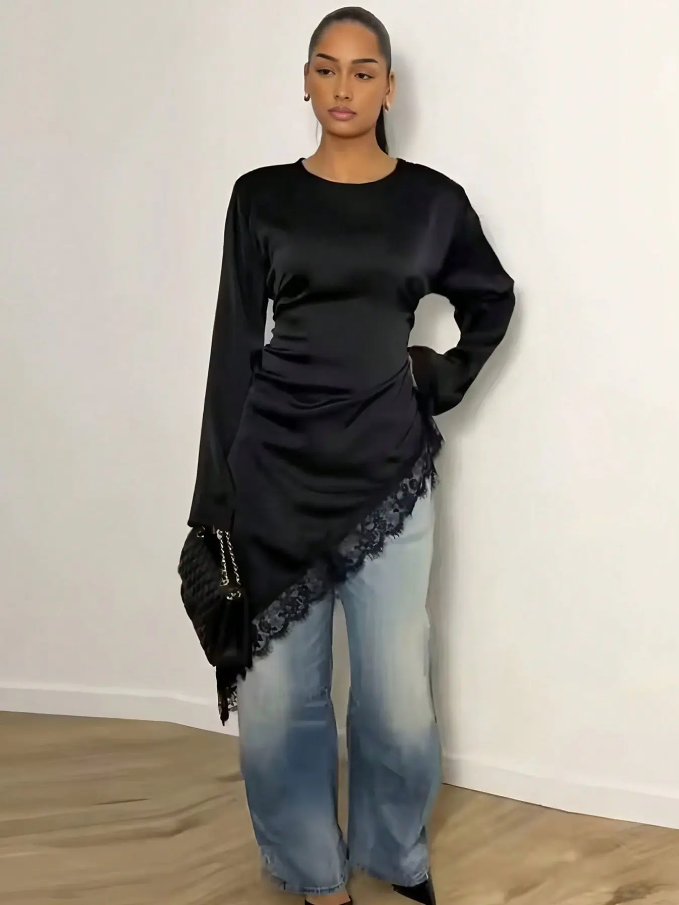 Women's Elegant Silk-Like Lace Patchwork Top, Round Neck Long Sleeve Solid Back Tie T-Shirt, Casual All-Season Fashion Tee