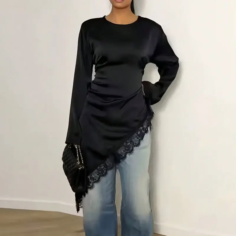 Women's Solid Color Lace Hem Silk-Like T-Shirt, Elegant Round Neck Long Sleeve Tie Back Top, Casual All-Season Tee