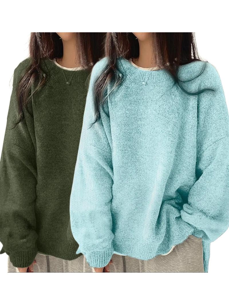 Women's Drop Shoulder Split Hem Sweater, Casual Long Sleeve Round Neck Jumper, Women's Knitwear Top for Fall & Winter, Sweaters for Women Women's Drop Shoulder Split Hem Sweater, Casual Long Sleeve Round Neck Jumper, Women's Knitwear Top for Fall & Winter, Sweaters for Women