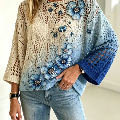 Women's Vintage Gradient Floral Print Batwing Sleeve Knit Top, Long Sleeve, Casual Elegant Style, Comfortable Breathable Loose-Fit Knitwear for Vacation, Batwing Sleeve Sweaters, Breathable Knit Clothing
