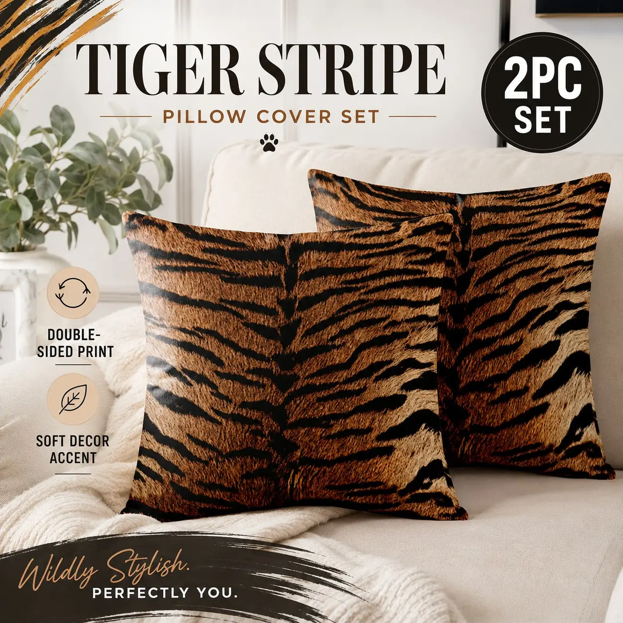 2PC Double-Sided Tiger Stripe Throw Pillow Covers - Wildly Chic Animal Print Cushion Cases for Couch Sofa Bed Living Room Aesthetic! All-Season Home Decor Must-Have, Holiday Party Essential & Top Gift Choice for Friends!
