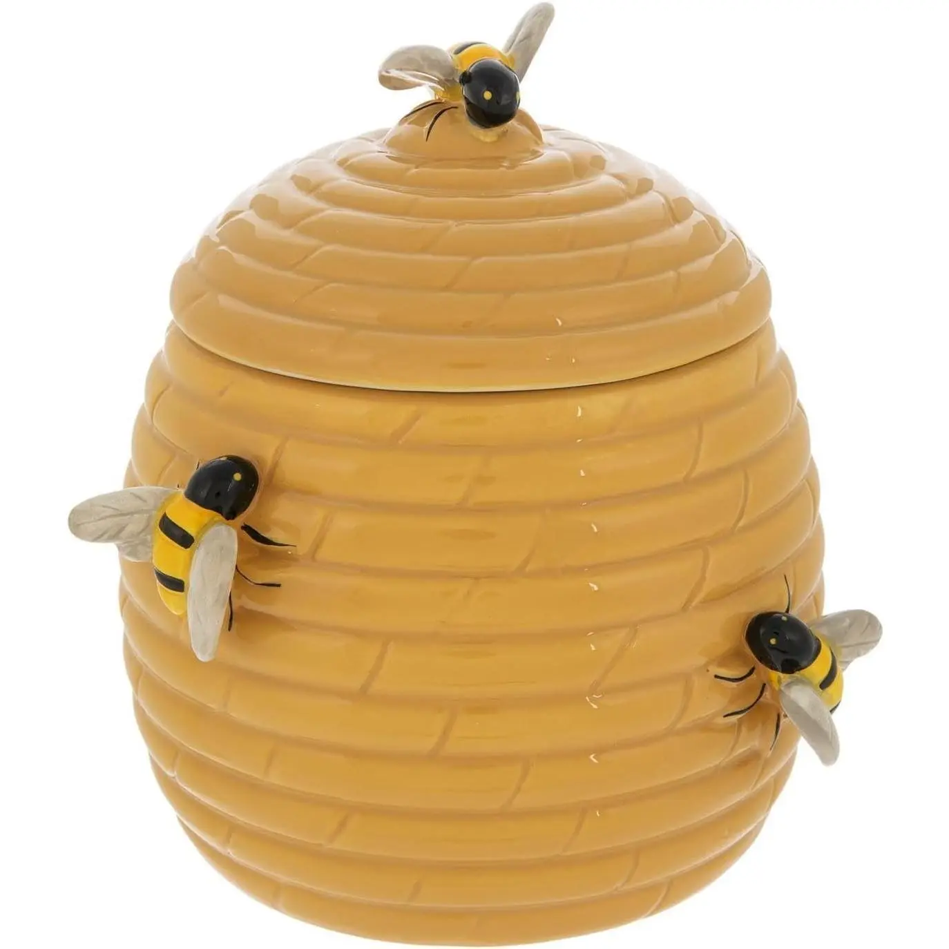 Bee Hive Shaped Ceramic Cookie Jar with 3 Bee Figurines, Honey Yellow