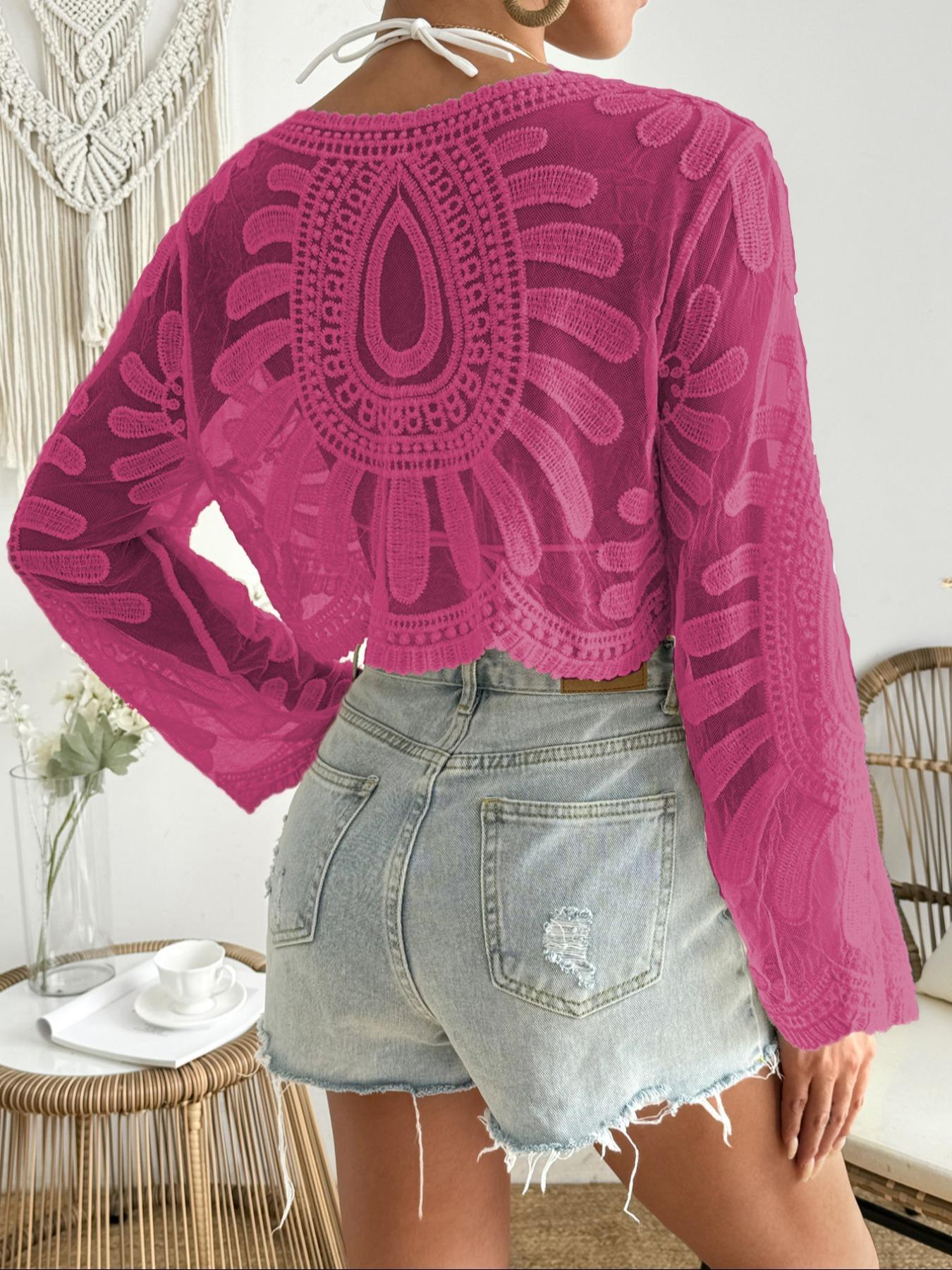 Women's Floral-Embroidered Semi-sheer Cover-Up with Scallop Trim, Casual Long Sleeve Round Neck Cover-Up for Beach Vacation, Ladies' Beachwear for All Seasons