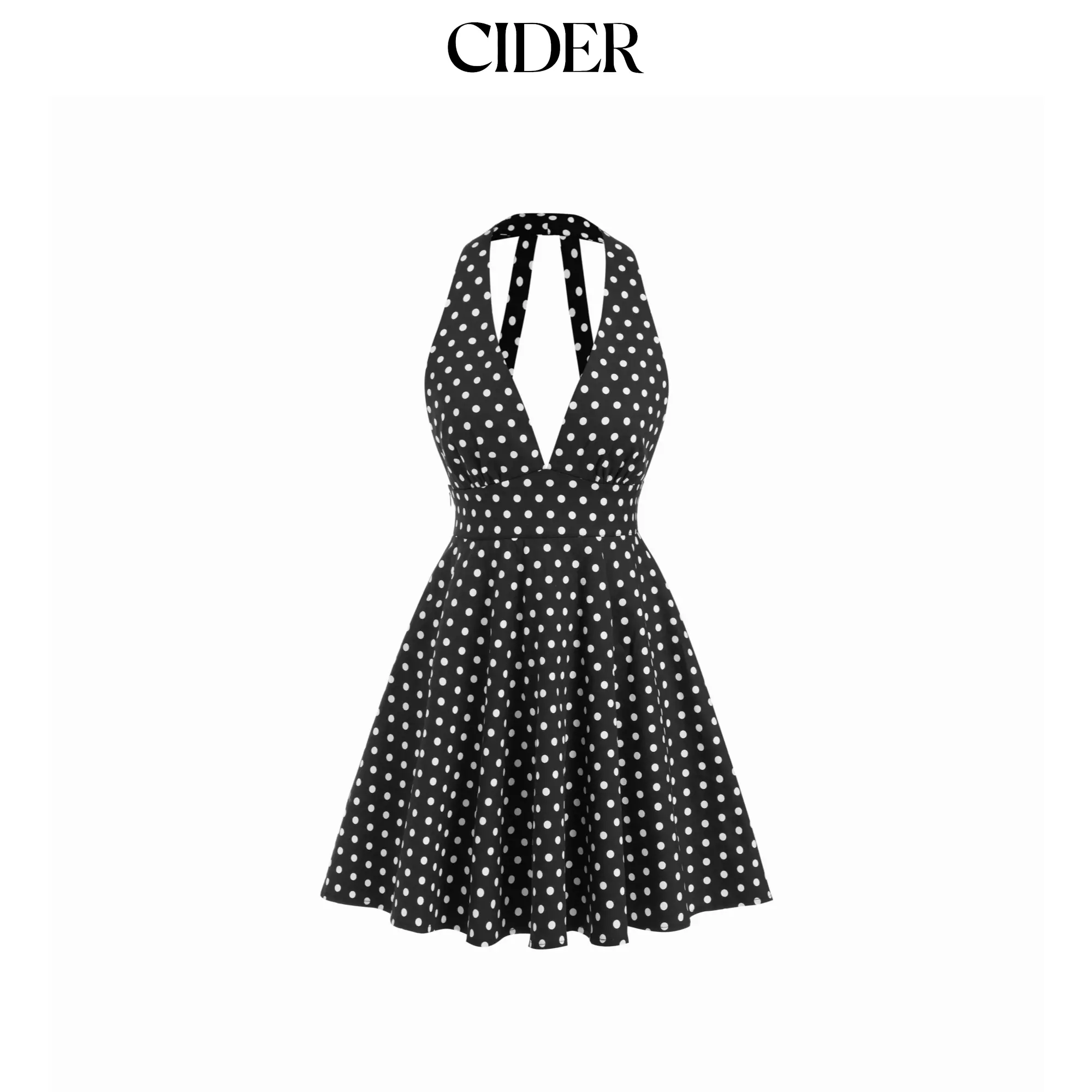 Cider Cotton-blend Halter Neck Polka Dot Backless Flared Mini Dress SohoChic