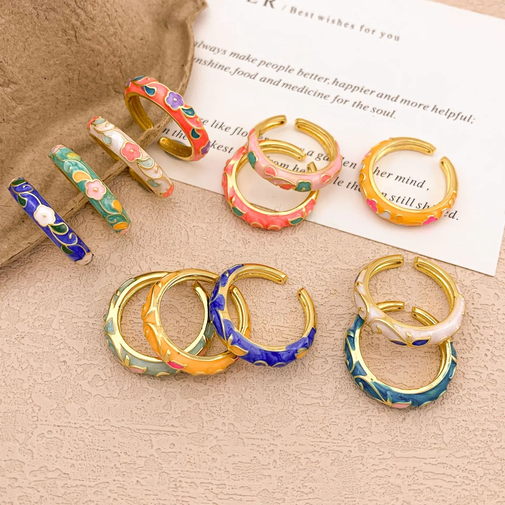 Colorful Floral Enamel Rings for Women, Gold-Tone Vintage-Inspired Flower Band Rings, Stackable Statement Jewelry in Assorted Colors for Daily Wear, Parties, Birthdays and Gifts