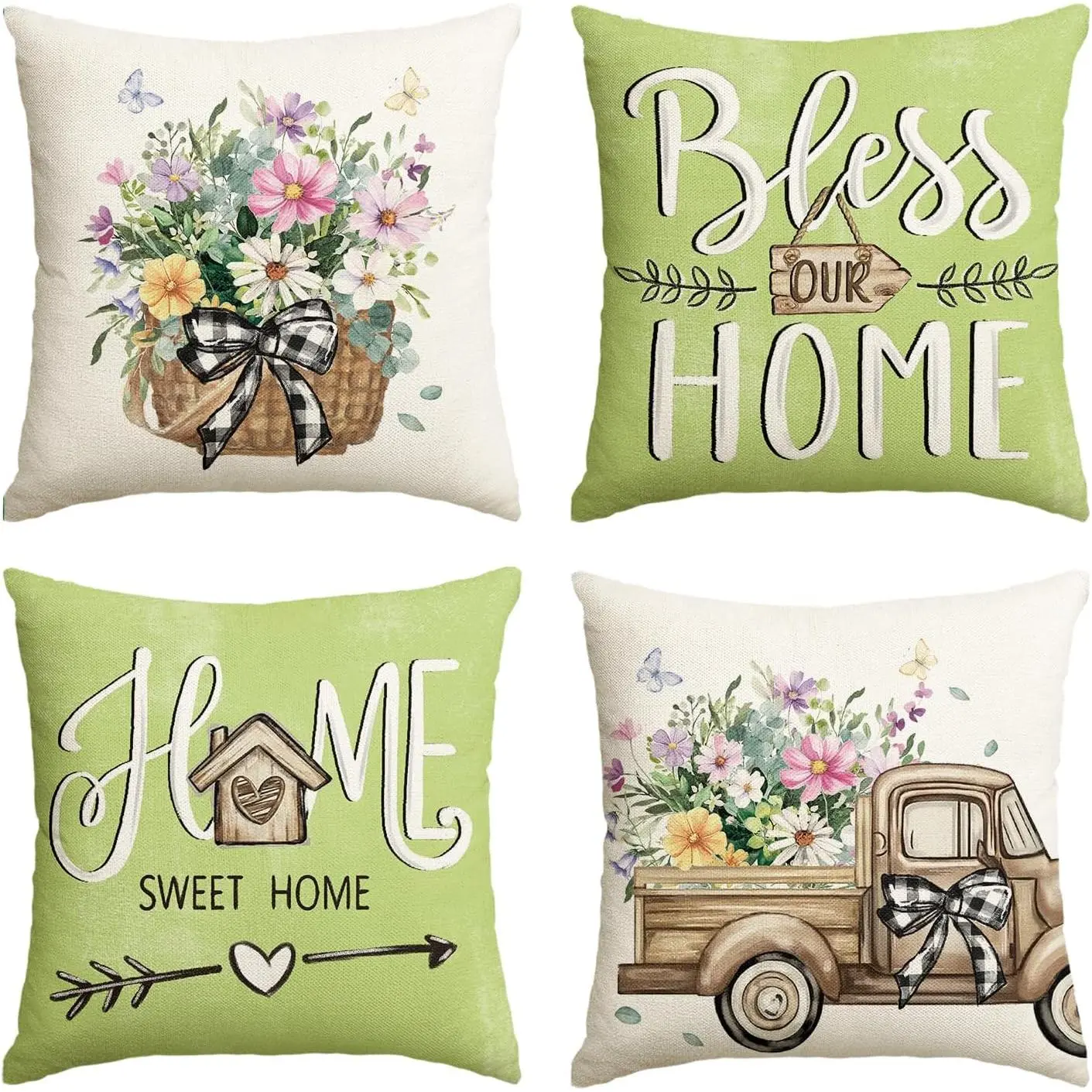 Bless Our Eucalyptus Leaves Throw Pillow Covers, 18x18 in Spring Cushion Cases for Sofa, Set of 4