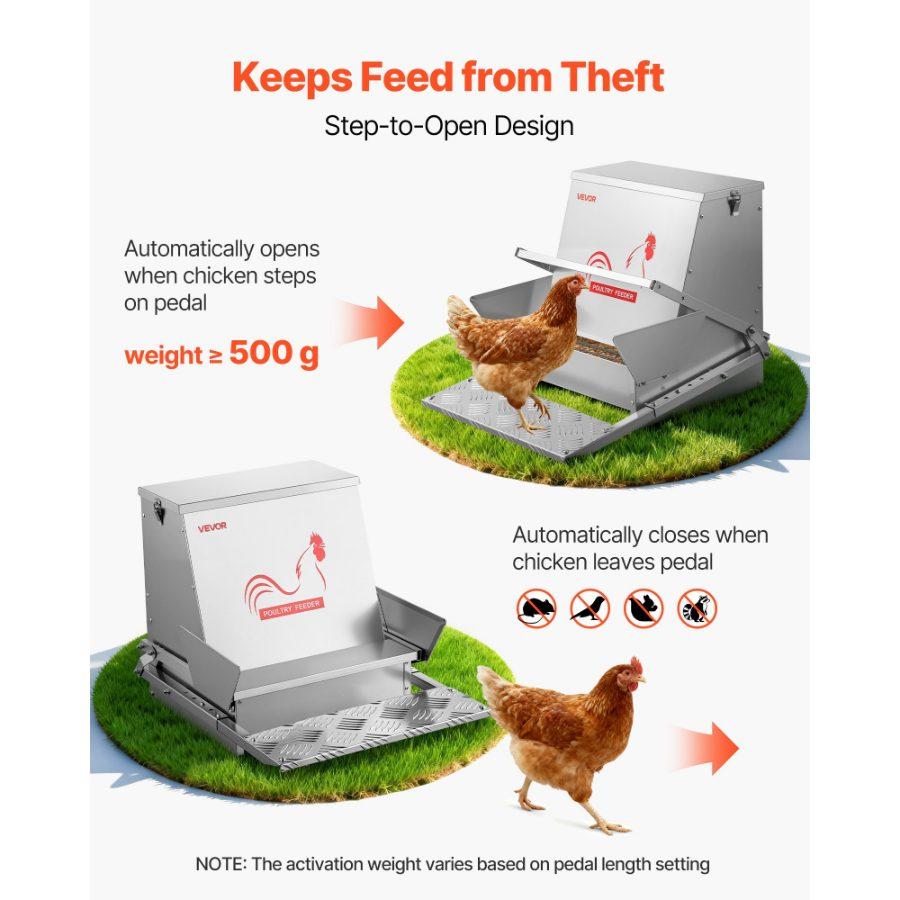 VEVOR Automatic Chicken Feeder, 40 lbs Capacity, Rainproof Treadle Poultry Feeder with Lockable Lid, No Waste, Galvanized Steel Construction, Outdoor Use, for Chicken, Bantams, Poultry, Pheasants