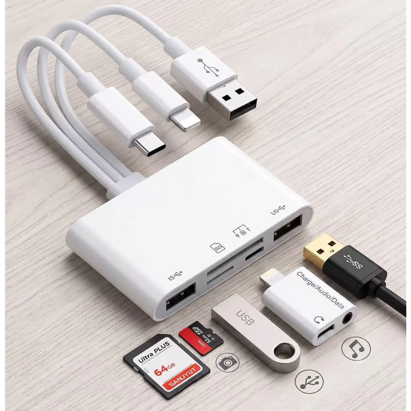 5-in-1 USB C Card Reader with Charging Port – SD/TF Dual Slots, USB-A & Type-C Adapters, 90MB/s High-Speed Transfer, OTG Hub for iPhone 16/15, Camera & Laptop, Unisex, File Transfer, Pass-Through Charge, Usb-C Hub