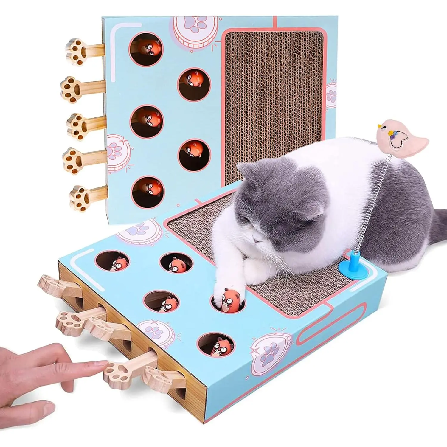 Cat Scratcher Toy - 3-in-1 Cardboard Cat Scratching Board & Interactive Puzzle Toy Box for Indoor Cats, Nail File Scratch Pad with Pop-up Mice, Cat Enrichment Toy for Kitten campingessentials