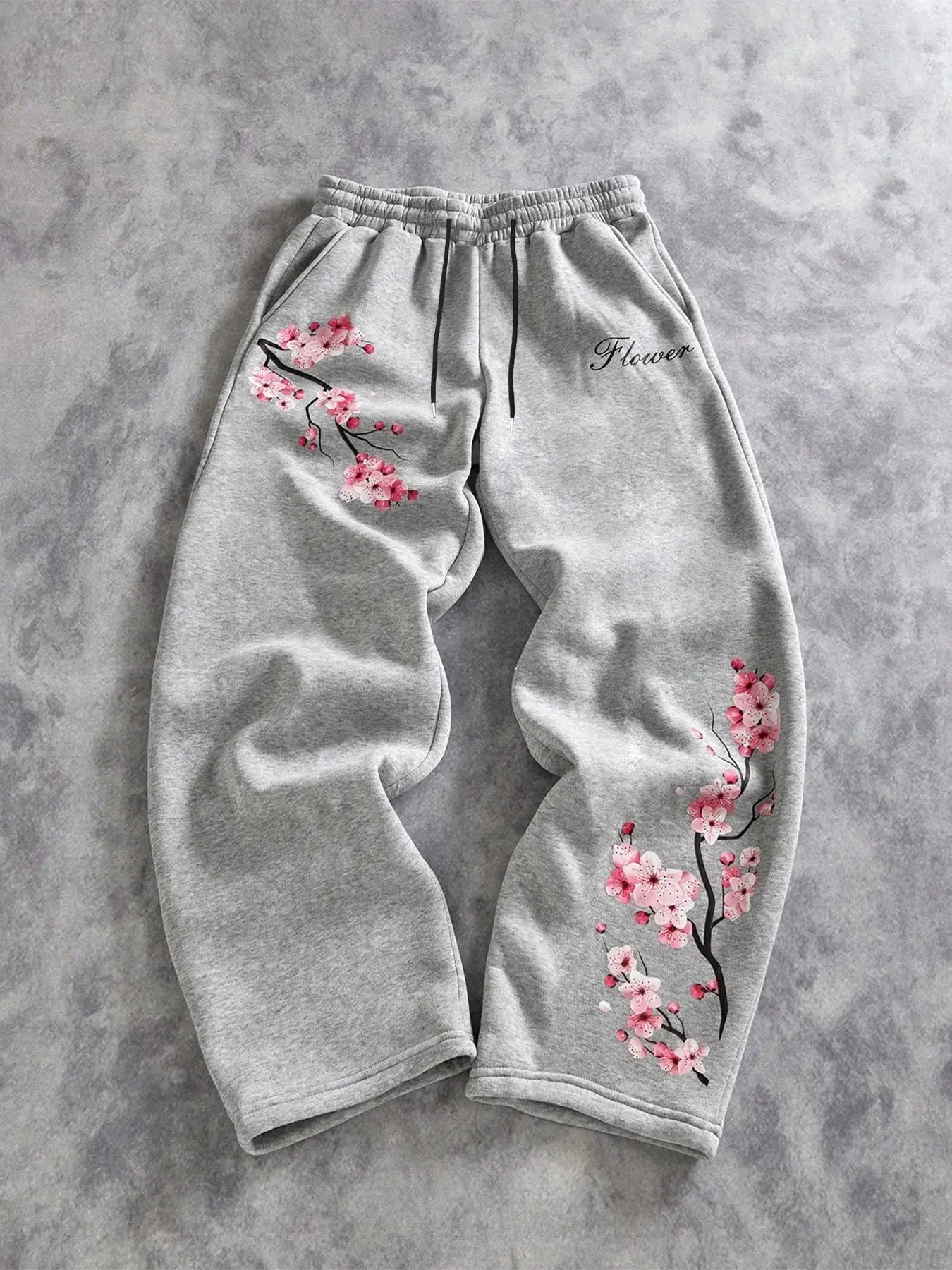 Men's Japanese Style Floral Peach Print Sweatpants, Loose Fit Wide Leg Drawstring Streetwear, All Season Casual Long Pants