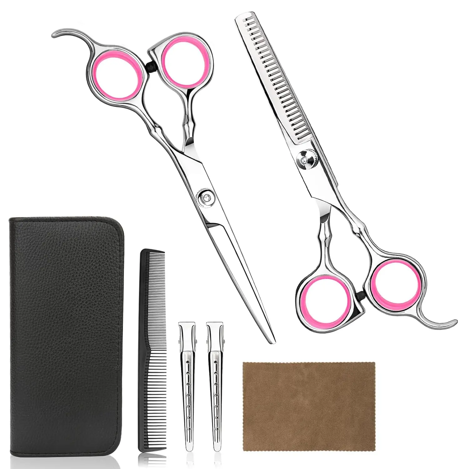 Pink Home Hair Cutting Kit - Professional Barber Scissors, Thinning Shears, Comb, Storage Case for Home Salon Hair Trimming, Trim Layers for Men