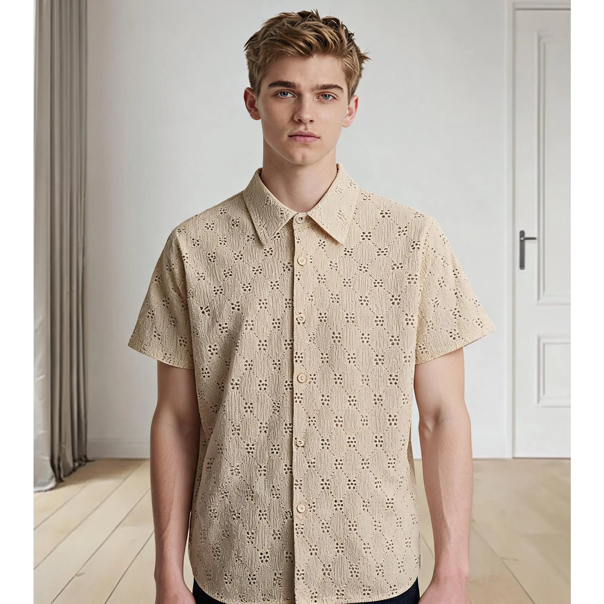 Men's Hollow-Out Eyelet Knit Button-Up Shirt – Breathable Summer Beach Vacation Top