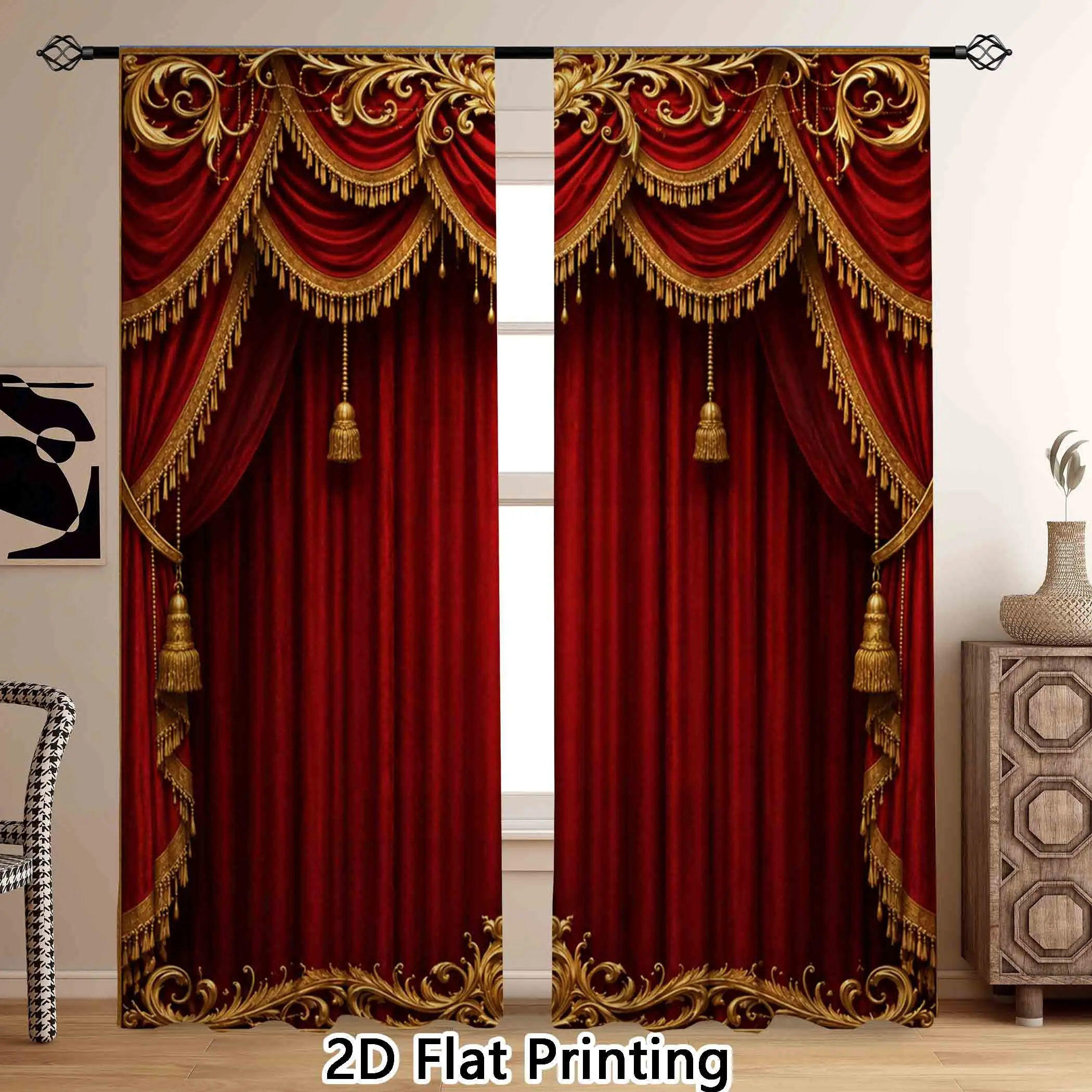 Two-Piece High-Definition Digital Print Curtains, French Style, Living Room & Bedroom Decor, Home Decorative Curtain, 100% Polyester Semi-Transparent Rod Pocket Curtains, Window Curtain