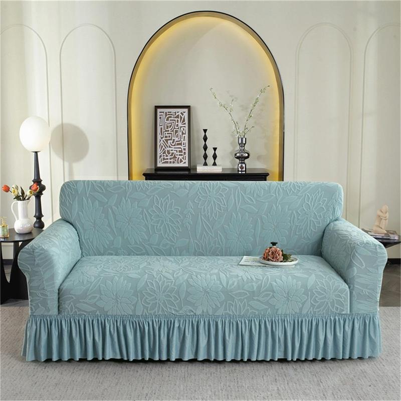 Solid Color Jacquard Sofa Cover with Skirt, 1 Count Soft Comfortable Stretchable Sofa Slipcover, Dustproof Sofa Cover, Elastic Sofa Slipcover for Home Living Room Hotel Dormitory