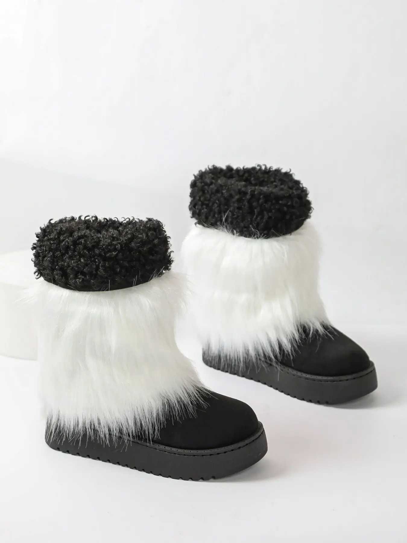 Fashion Mid-Calf Snow Boots, Faux Leather Upper with Plush Gradient Long Hair, Rich Fur Design, Stylish New Look