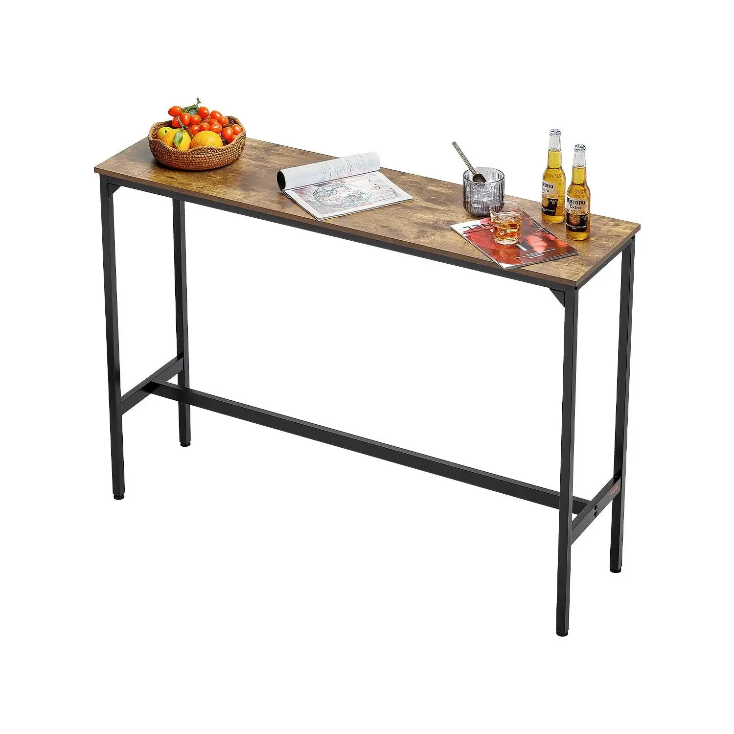 【toolupgrade】VEVOR High-Top Rectangle Bar Table, Sturdy Metal Frame Pub Table with Foot Pads, 55x15x39in Adjustable Standing/Writing Desk, Narrow Long for Family Dinners, 220lbs Capacity, Easy-Assemble, Rustic Brown & Black
