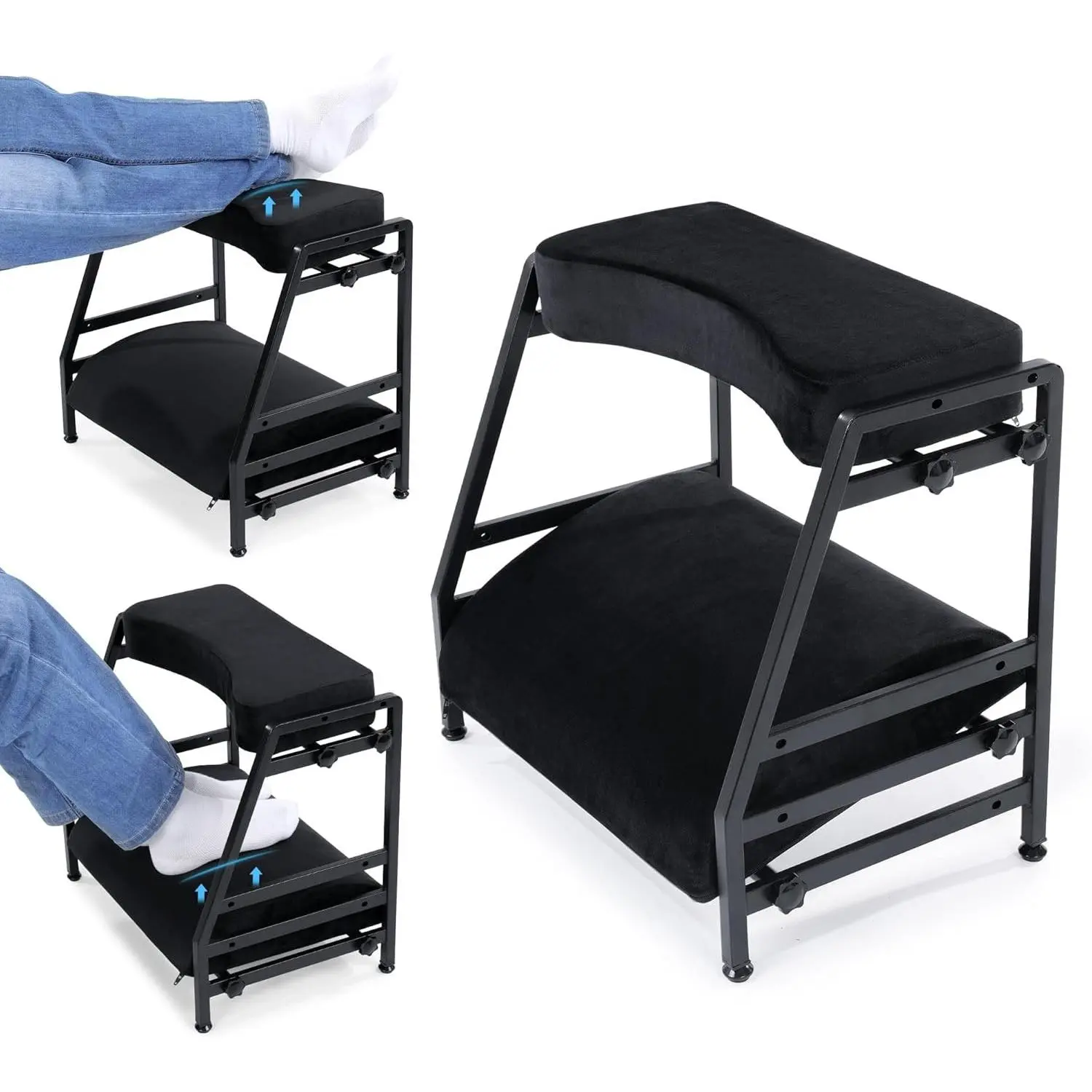 Black Adjustable Double Step Footrest with High-Density Foam, Sturdy Iron Frame, Ergonomic Design, Washable Cover, Patented for Office Use
