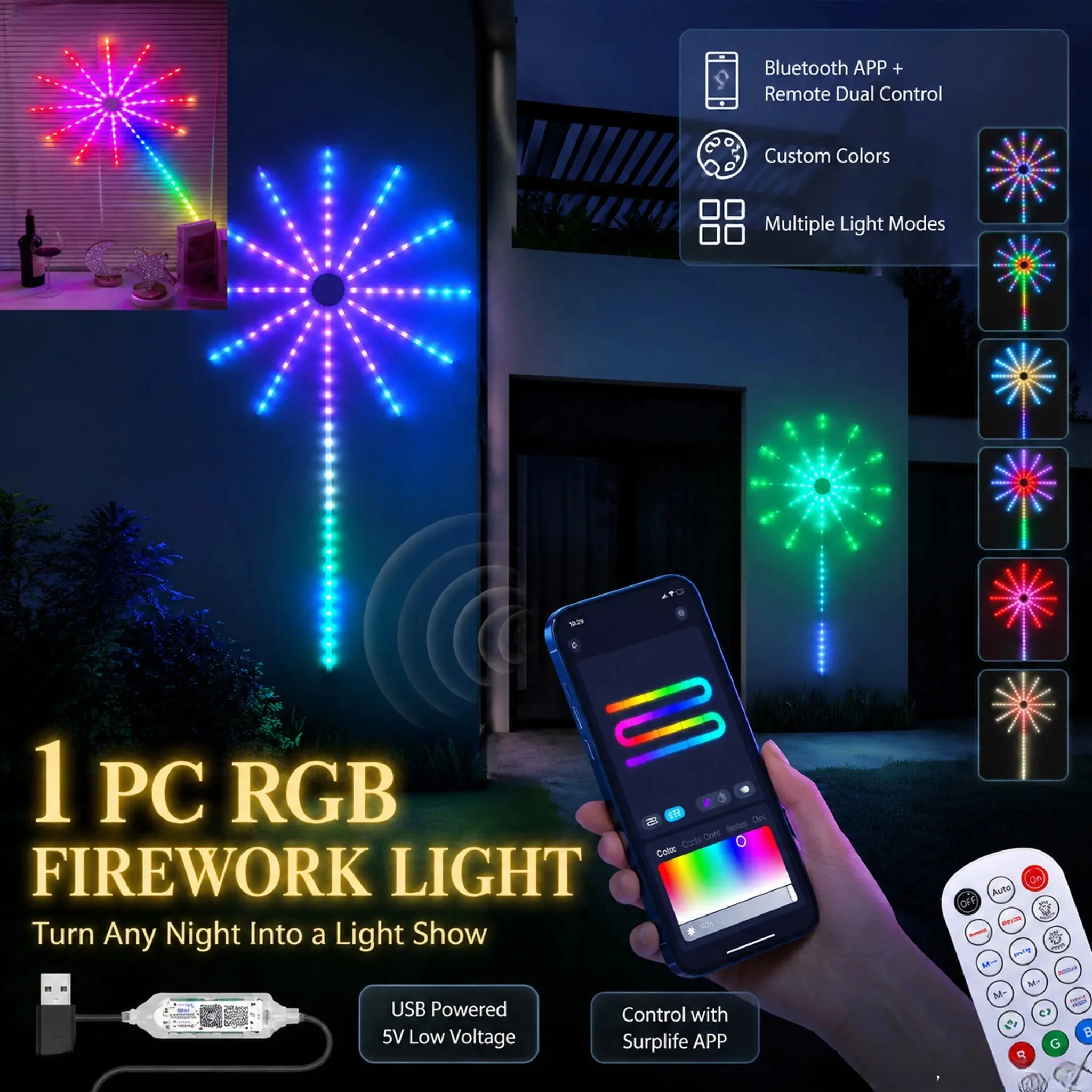 USB 5V RGBIC Bluetooth Fireworks LED Wall Lights, Wall Decor Lighting, Double-Sided Emitting, Waterproof Chasing Light, APP Remote Control, Ideal for Patio, Wedding, Camping, Christmas Festival Decoration