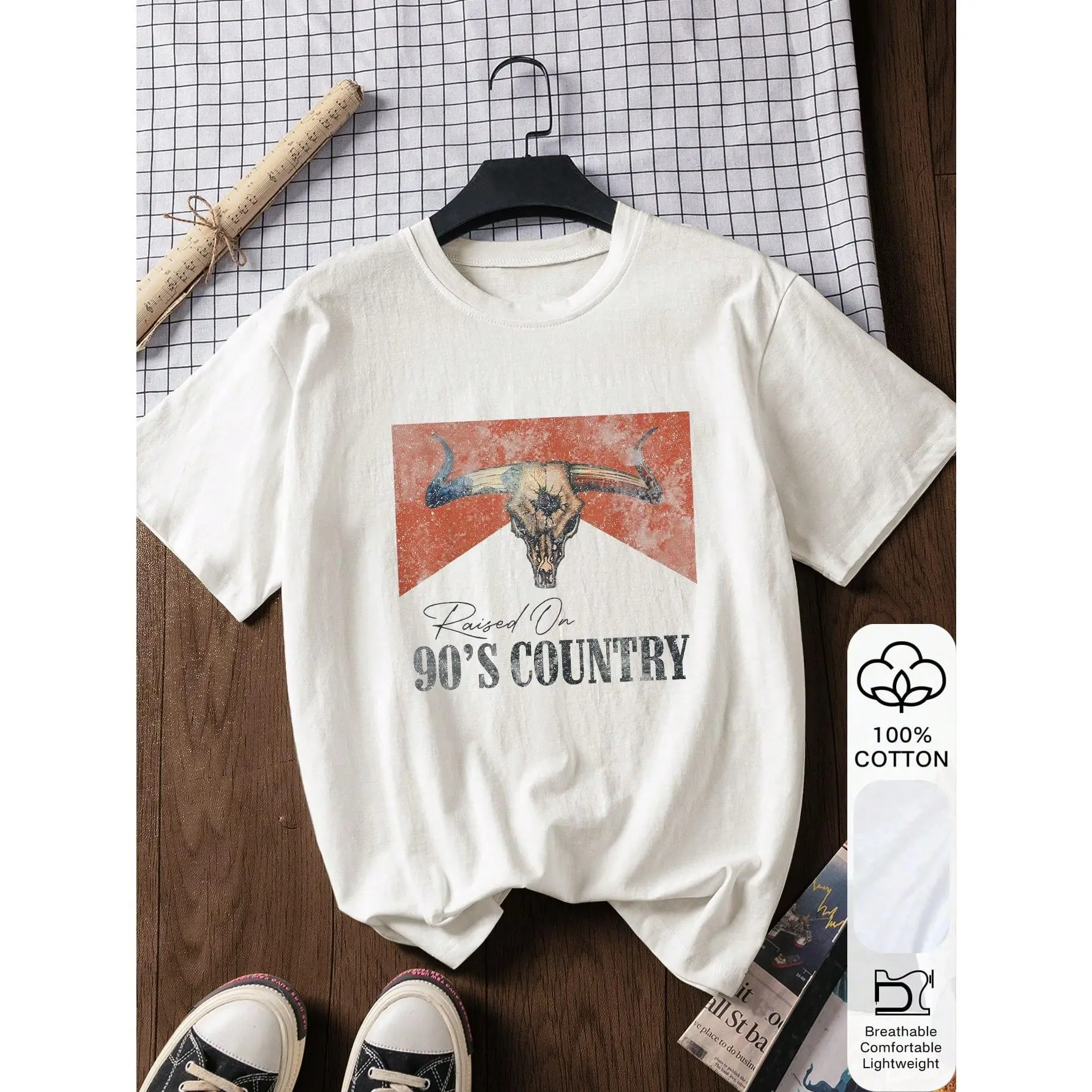 90s Country Style & Bull Head Print 100%  Short Sleeve T-Shirt For Women, Summer Tee, Graphic Tee, Casual Summer Outfit,  T-Shirt, Summer Top, Printed Pattern, Women's Summer T-Shirt, Top, Summer Apparel, Vacation, Travel, Beach Style soft rb boating text