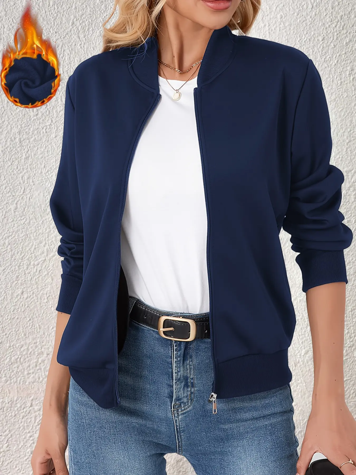 Women's Plain Baseball Neck Zipper Jacket, Casual Fleece Sweatshirt Coat, Dual Pocket Design, Warm Knit Fabric, Fall Winter Outdoor Wear